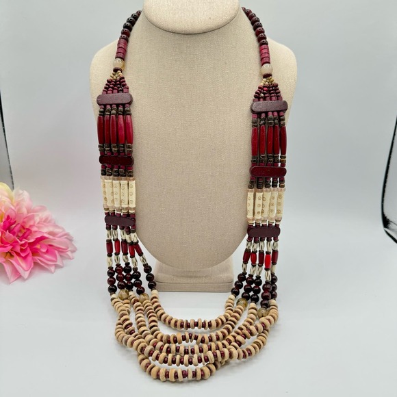 Chico’s Cherry-Colored Bib Necklace Beaded Tribal Boho Tropic Vaca Statement - Picture 2 of 14
